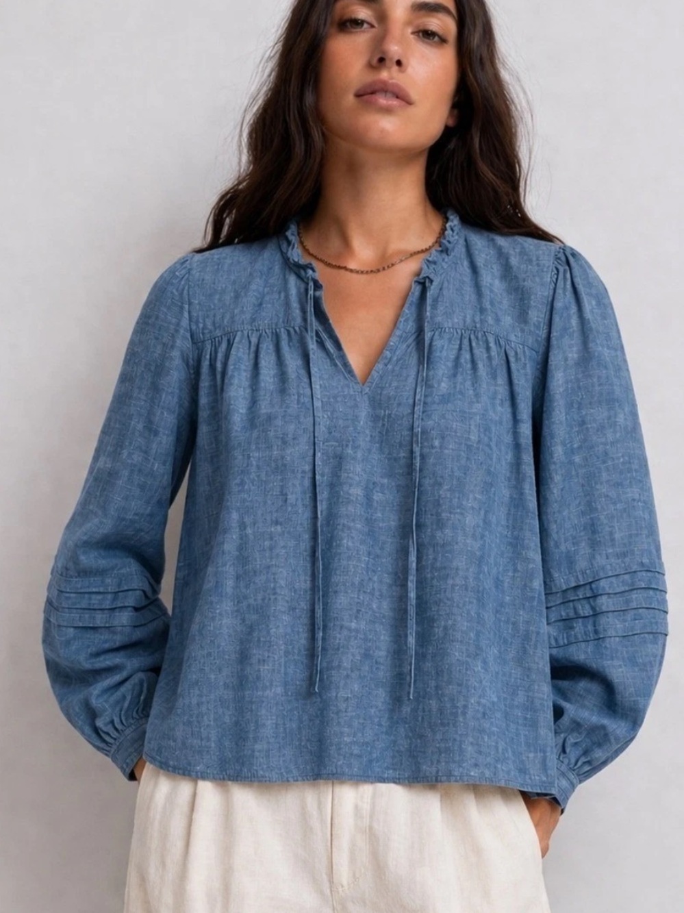 J. Crew 100% Cotton Chambray Blue Peasant Tie-Neck Blouse